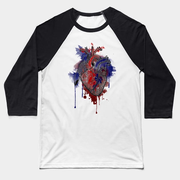 Digital Anatomical Watercolor Heart (Black Version) Baseball T-Shirt by SingeDesigns